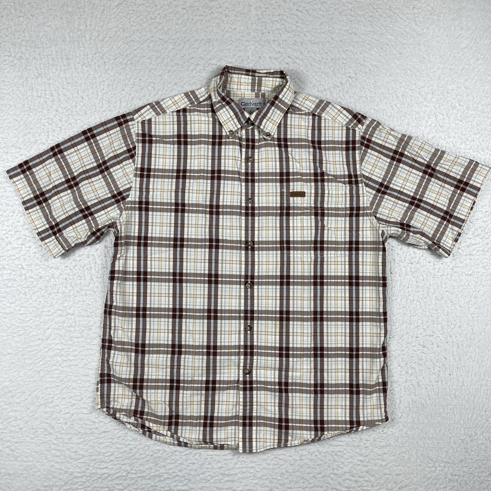 Carhartt Button Down Mens L‎ Brown Plaid Short Sleeve Workwear Rugged Casual